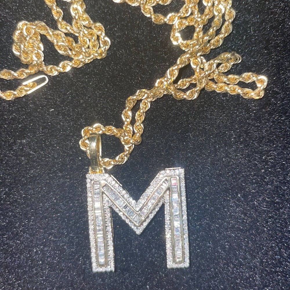 1 carat baguette diamond gold charm letter M with solid gold rope chain